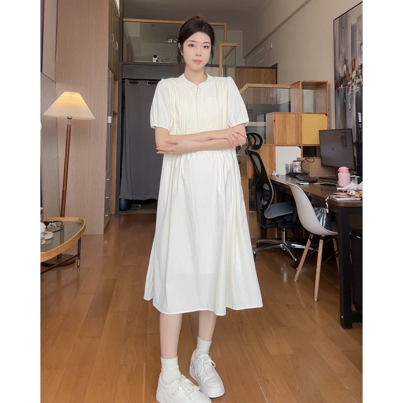 夏装韩版时尚宽松设计感压褶气质法式简约度假大码连衣裙中长款