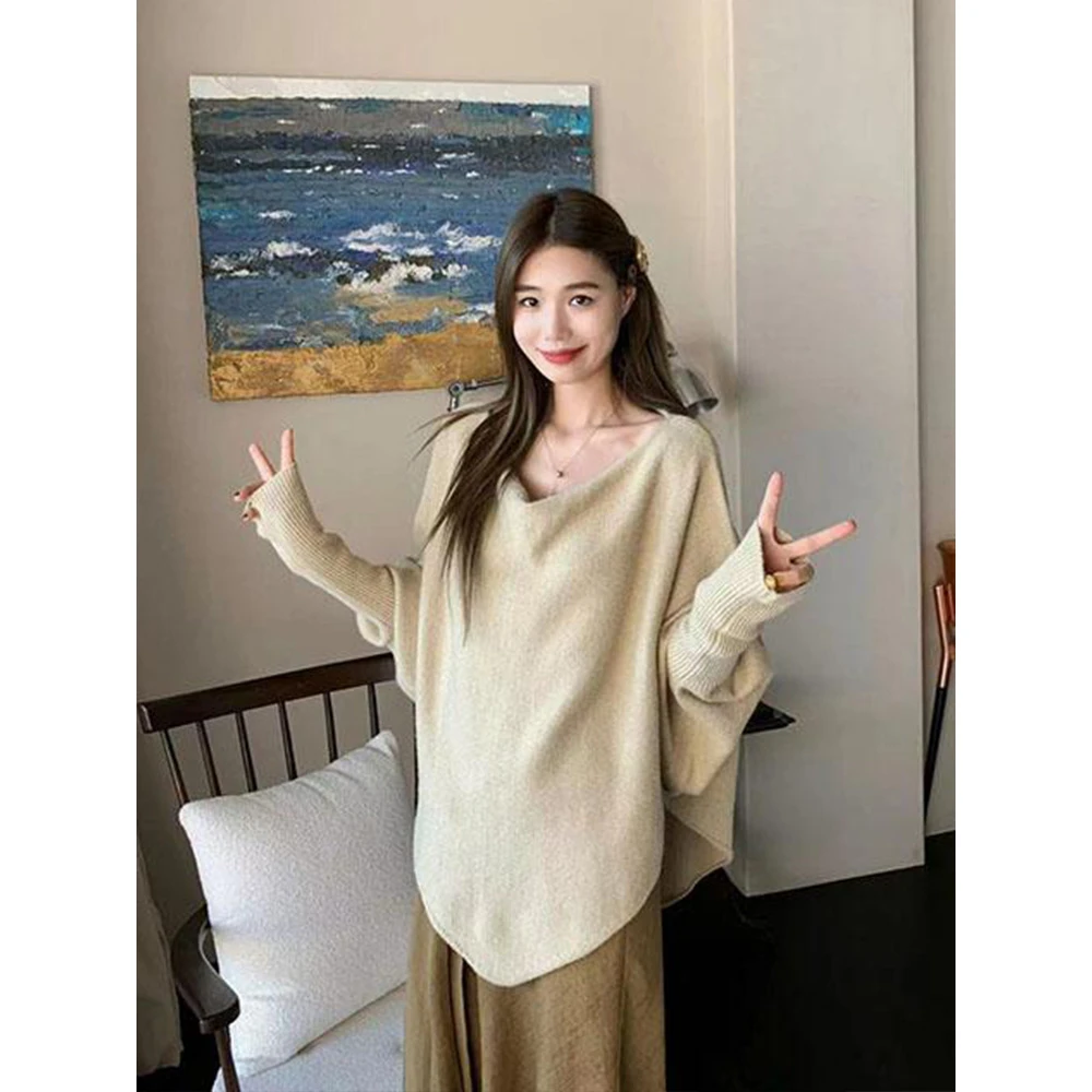 孕妇毛衣蝙蝠袖不规则针织衫女2025初早秋新款宽松慵懒风长袖上衣