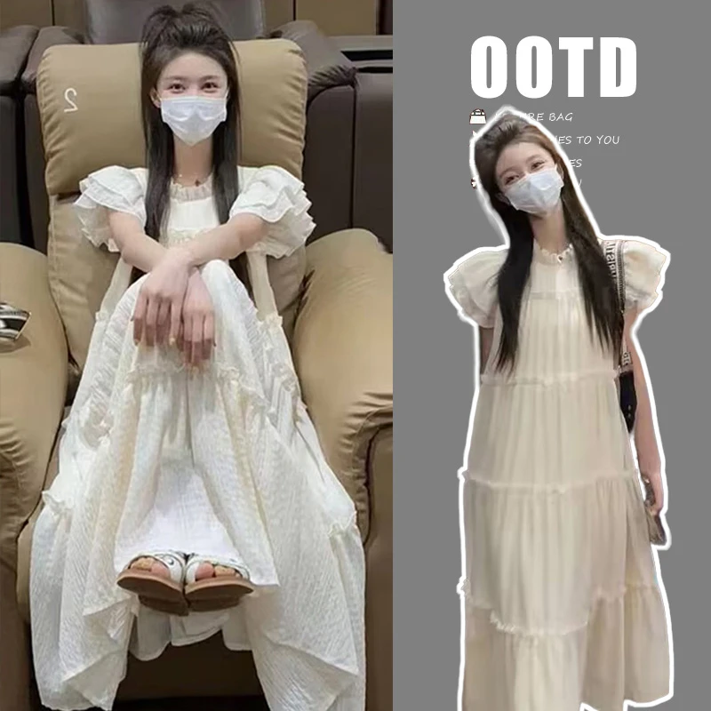 2024年新款白色小飞袖连衣裙女夏季高级仙女裙气质显瘦温柔甜美