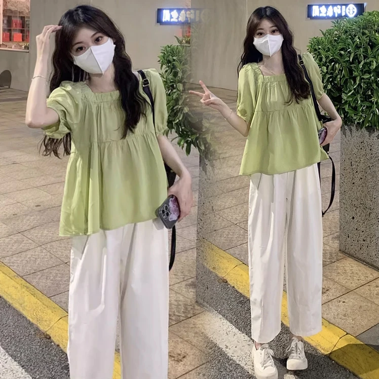 2024孕妈夏季正肩短袖法式设计泡泡袖方领上衣