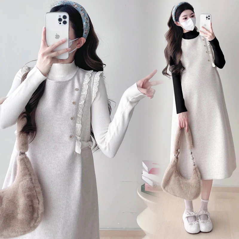 孕妇装2025韩版简约标准A字裙纯色毛呢背心裙加毛衣打底两件套女
