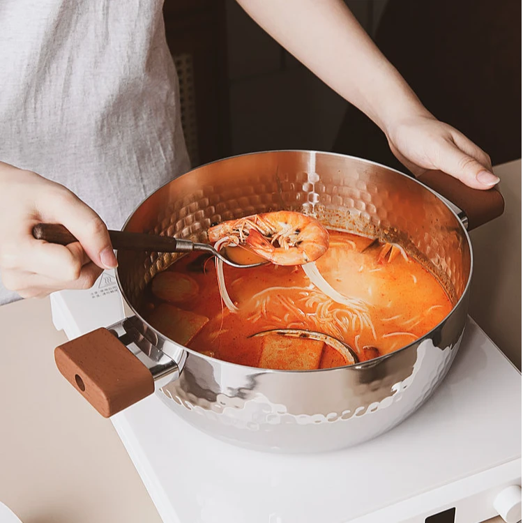 24cm五层钢316L木纹柄大口径家用雪平汤锅放溢带蒸格