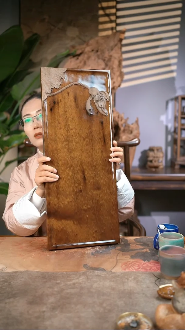 【闪购商品】金丝楠木龙胆纹荷花系列茶盘