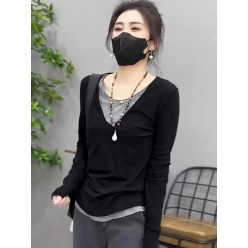 假两件高级感百搭简约长袖T恤女今年流行春季新款洋气上衣打底衫