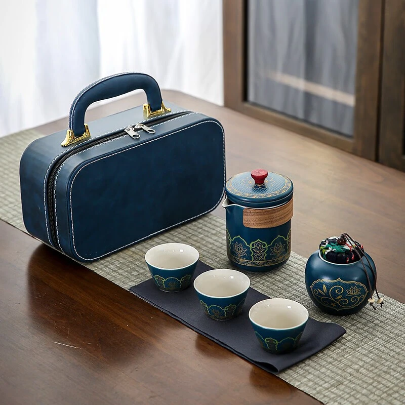 澳爵斯 旅行茶具套装简约户外便携式陶瓷快客杯一壶四杯旅游茶具