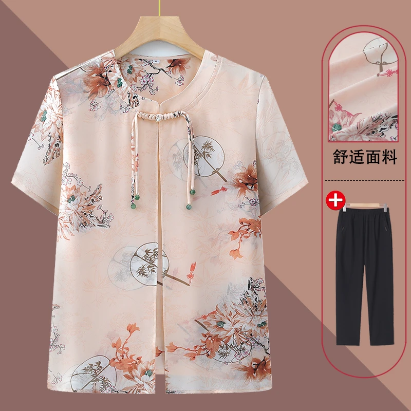 中老年人夏装女妈妈假两件圆领时尚T恤衫60-70岁奶奶夏季套装太太