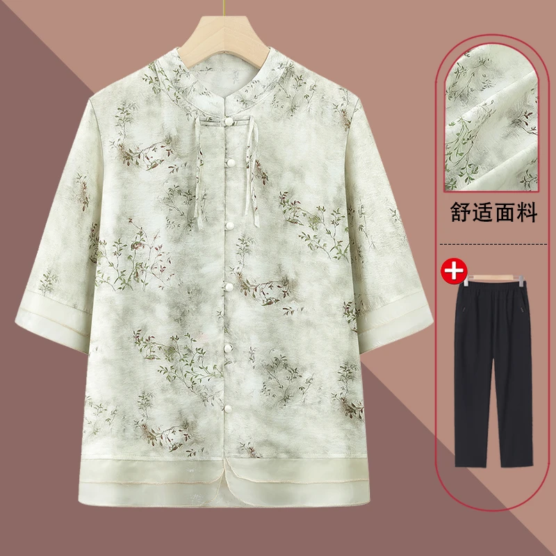 妈妈新款洋气国风新中式短袖2024新款中老年女T恤衬衫上衣服夏季