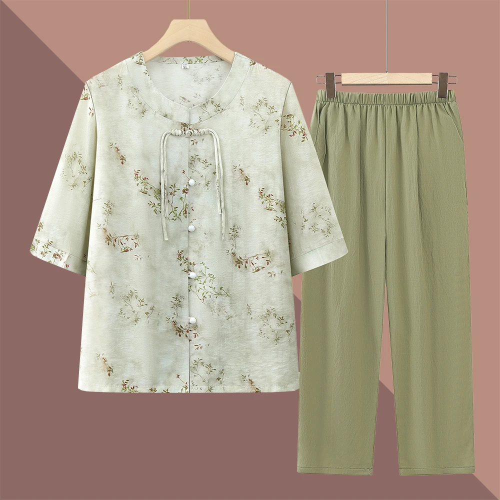 奶奶夏季新款套装妈妈宽松短袖衬衫松紧裤子老人衣服薄款奶奶上衣