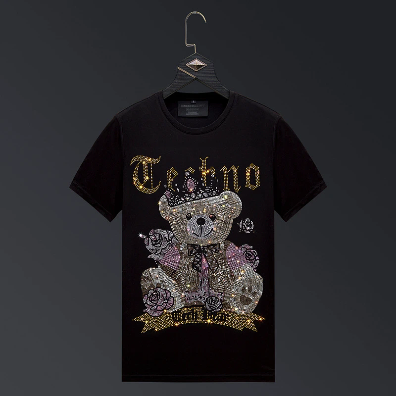 【潮牌短袖】t恤男2025新款烫钻小熊夏季冰丝体恤男装重磅大码半袖