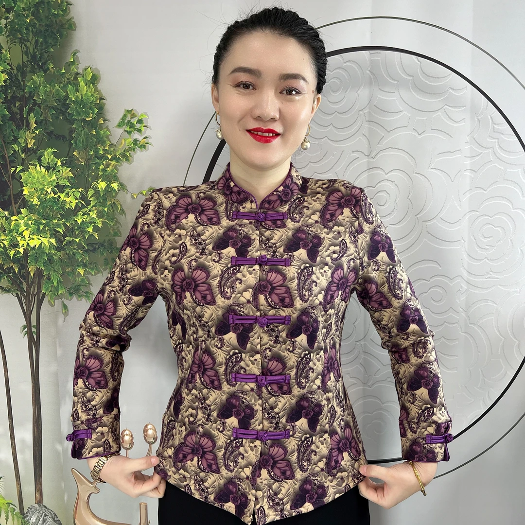 春款薄绒 蝴蝶花 加绒开衫新中式改良复古时尚旗袍衫