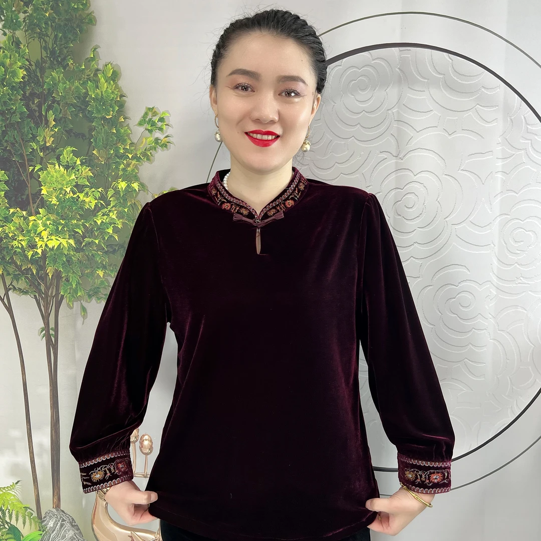 水滴领  植绒重工刺绣新中式改良旗袍衫气质时尚百搭秋冬新款长袖