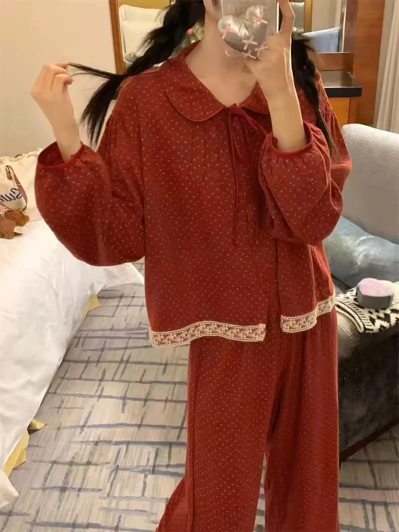 【新年版】红色小碎花睡衣女春秋冬新款宽松双层棉纱蕾丝款家居服