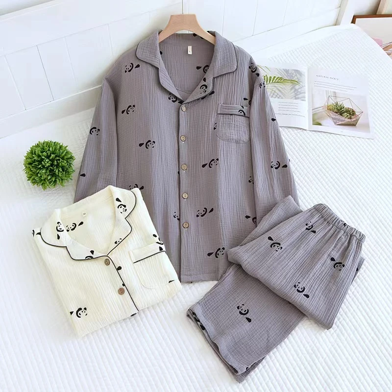 情侣睡衣春秋季纯棉可爱卡通熊猫长袖男女款家居服套装