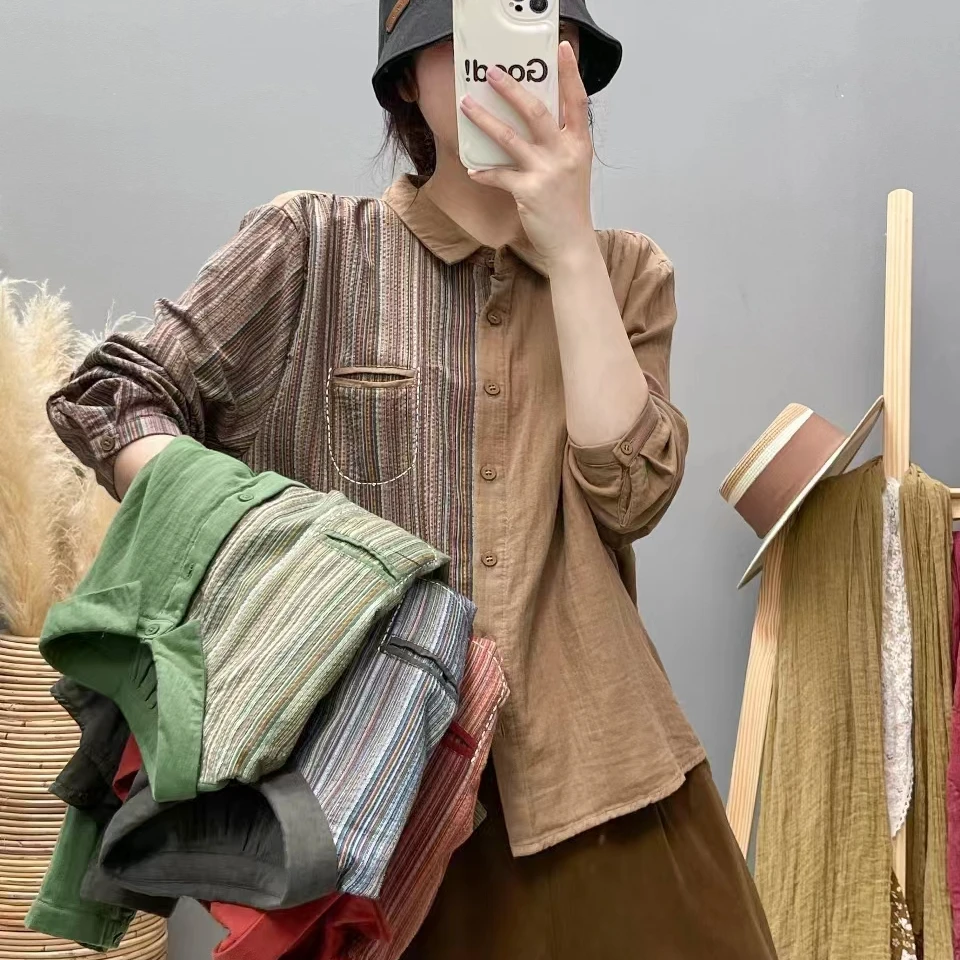 2024春季新款纯棉衬衫色织立领撞色休闲文艺韩版女上衣宽松百搭
