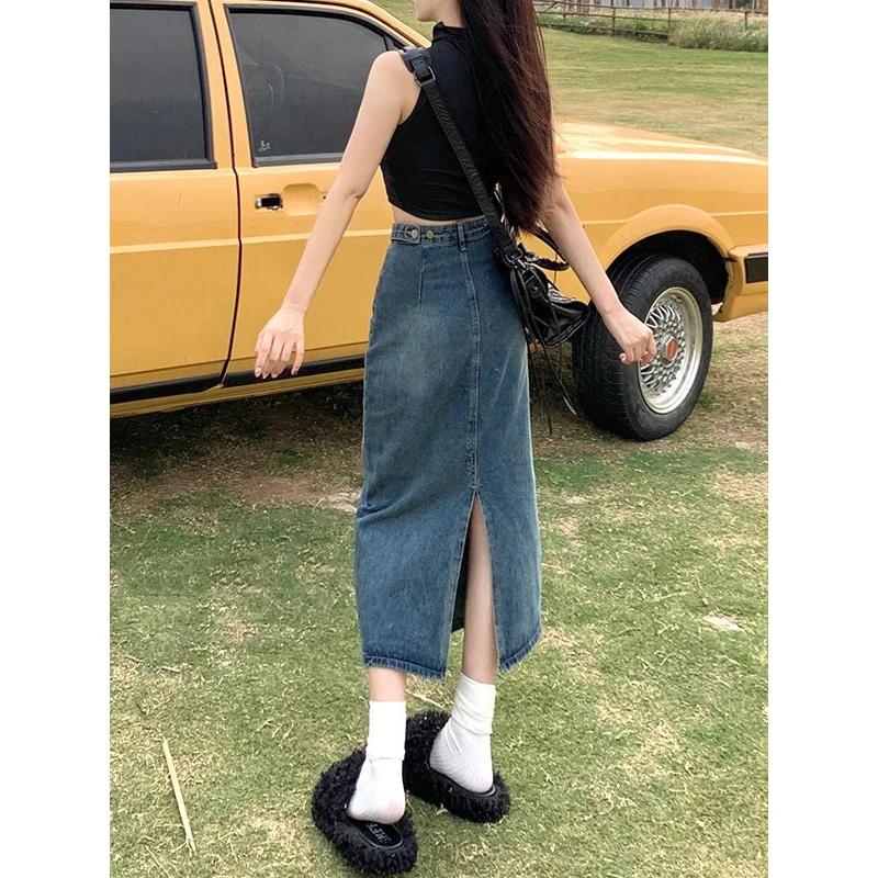高腰开叉牛仔半身裙女2024夏新款设计感显瘦a字半裙复古包臀长裙