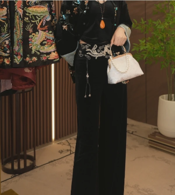 【云中凤】新中式国风刺绣丝绒裤子2024B1201—CC