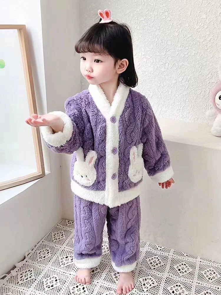 巴拉拉卡通女童睡衣套装珊瑚绒儿童款睡衣冬款家居服衣加绒