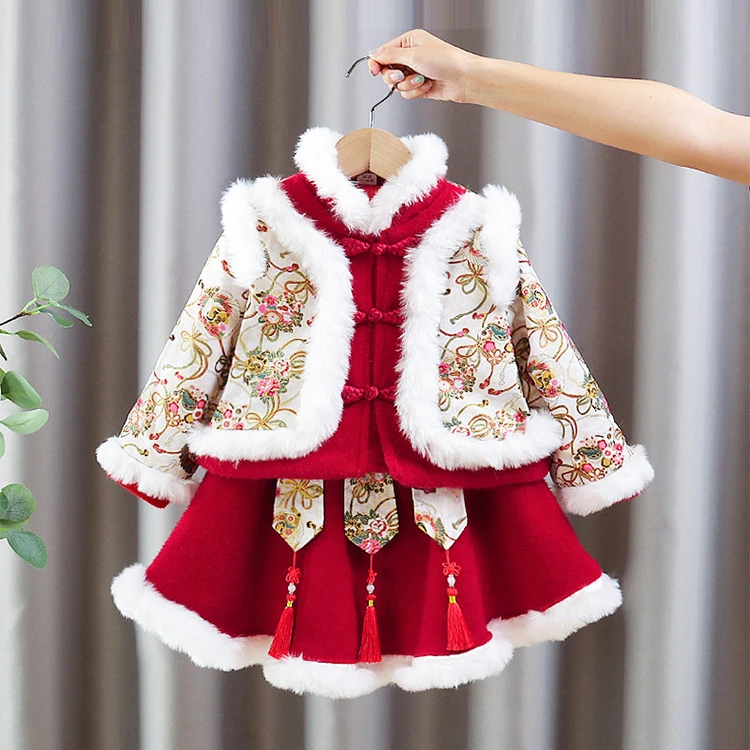 巴拉拉拜年服女童冬季汉服旗袍唐装保暖中国风加绒加厚周岁
