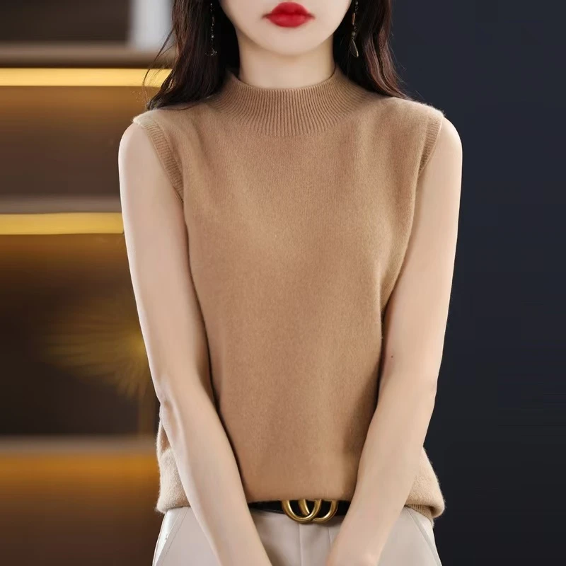 100%纯羊毛无袖针织衫百搭女背心打底衫薄款半高领简约针织羊毛衫