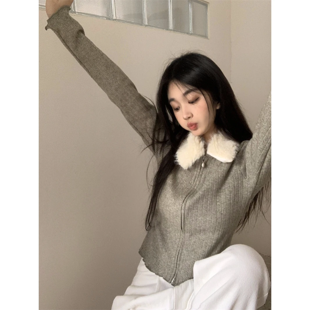 设计感毛毛领拼接针织开衫女秋冬小个子修身内搭外穿拉链翻领上衣