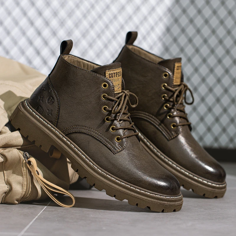马丁靴男冬季加绒高帮英伦风真皮高帮皮鞋男士靴子黑色马丁靴6631