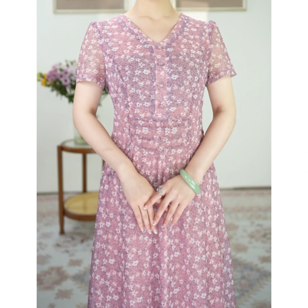 【妙莱 樱花粉】粉色黄色显白减龄碎花气质款妈妈装连衣裙