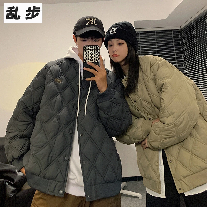 菱形格棉衣男2023冬季新款情侣棒球棉服oversize外套加厚韩系棉袄