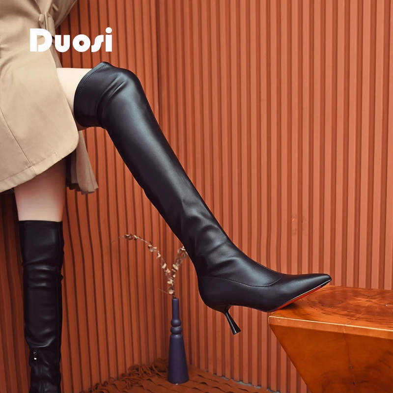 【DUOSI】6cm过膝长筒靴女秋冬尖头细跟骑士靴高跟瘦瘦靴XDM589