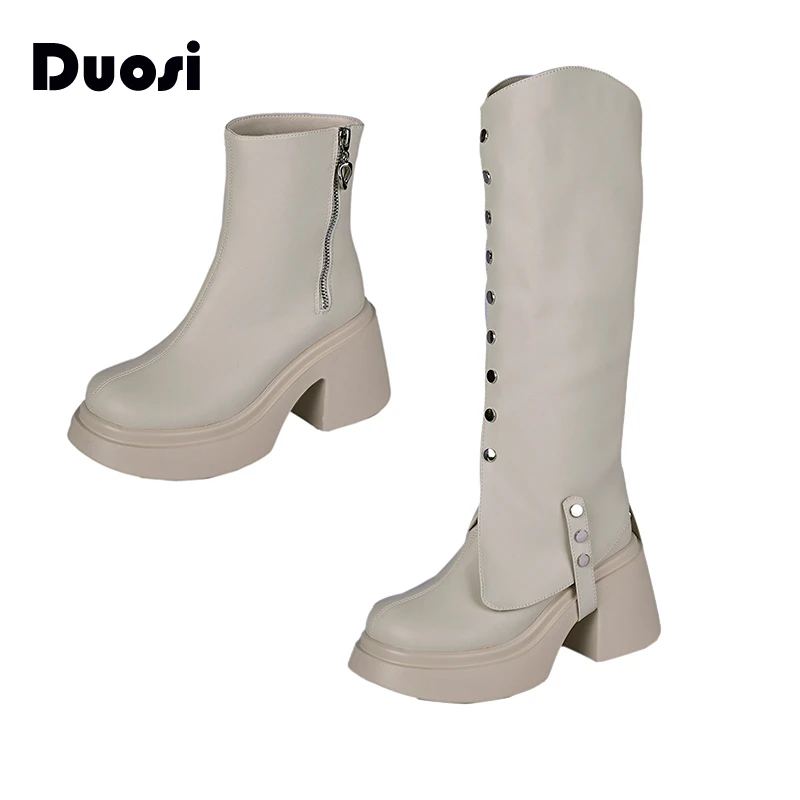 【DUOSI-1】8cm一鞋两穿韩版厚底短靴女方头粗跟骑士靴KA1283