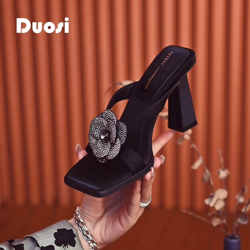 【DUOSI-1】8cm紫色花朵一字拖鞋女夏外穿方头高跟凉拖鞋XY12135