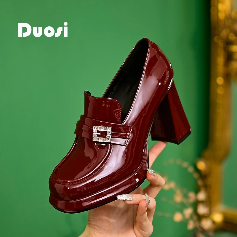 【DUOSI-1】8cm方跟厚底乐福鞋女百搭高跟鞋方头深口单鞋S1118
