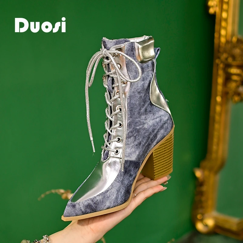【DUOSI】7cm牛仔西部靴女秋冬尖头高跟马丁靴瘦瘦短靴ZL6360