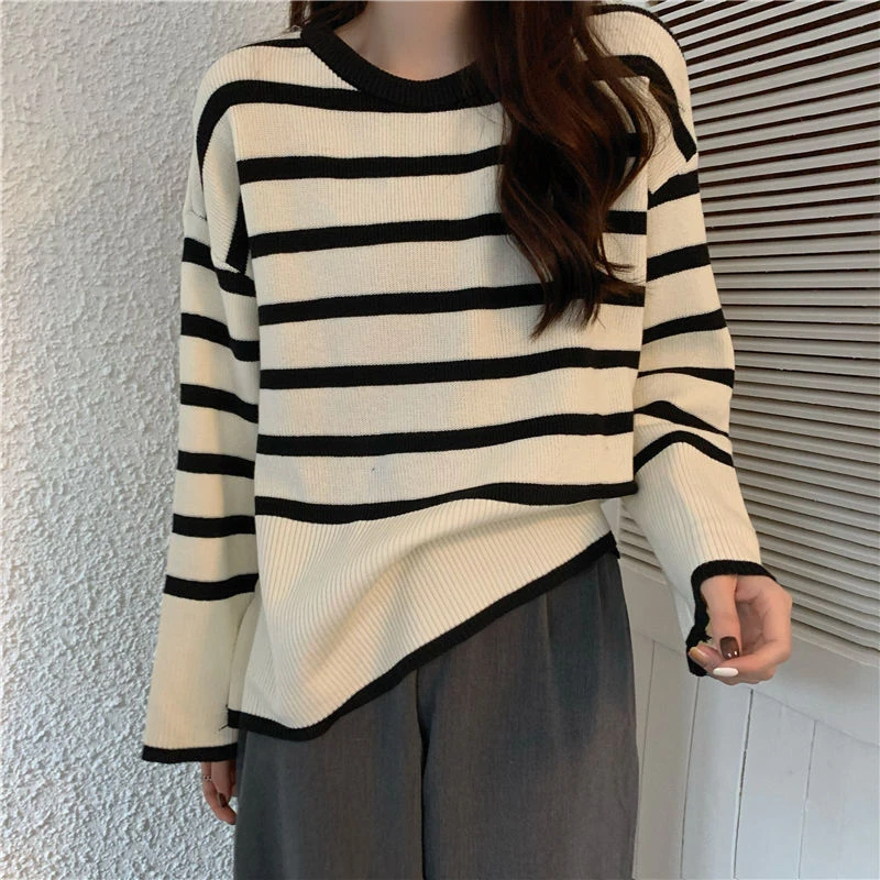 美式校园修身条纹毛衣女秋季新款宽松复古小众设计感针织衫上衣潮