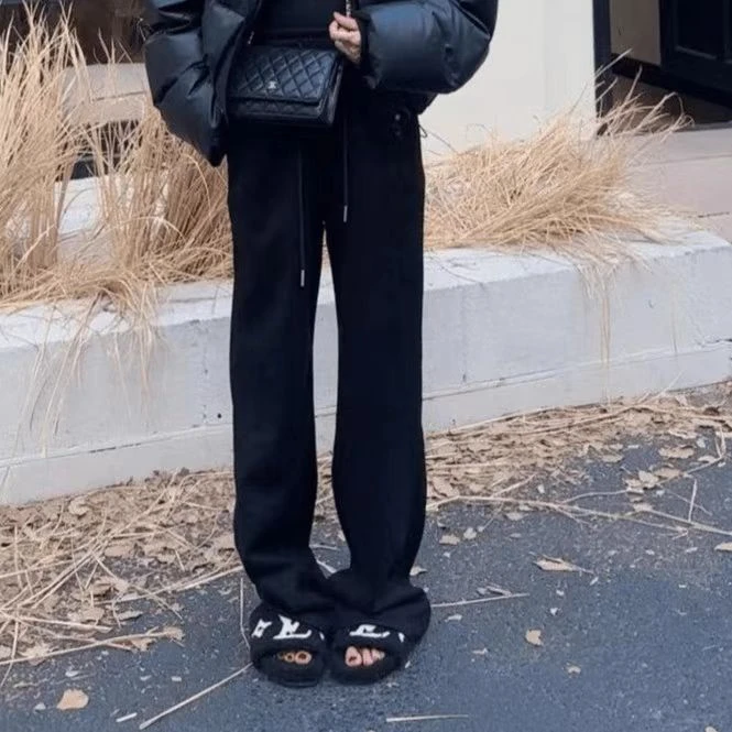 Dami【奶茶】显瘦休闲裤直筒时尚百搭黑色宽松加绒秋冬高腰ins韩版