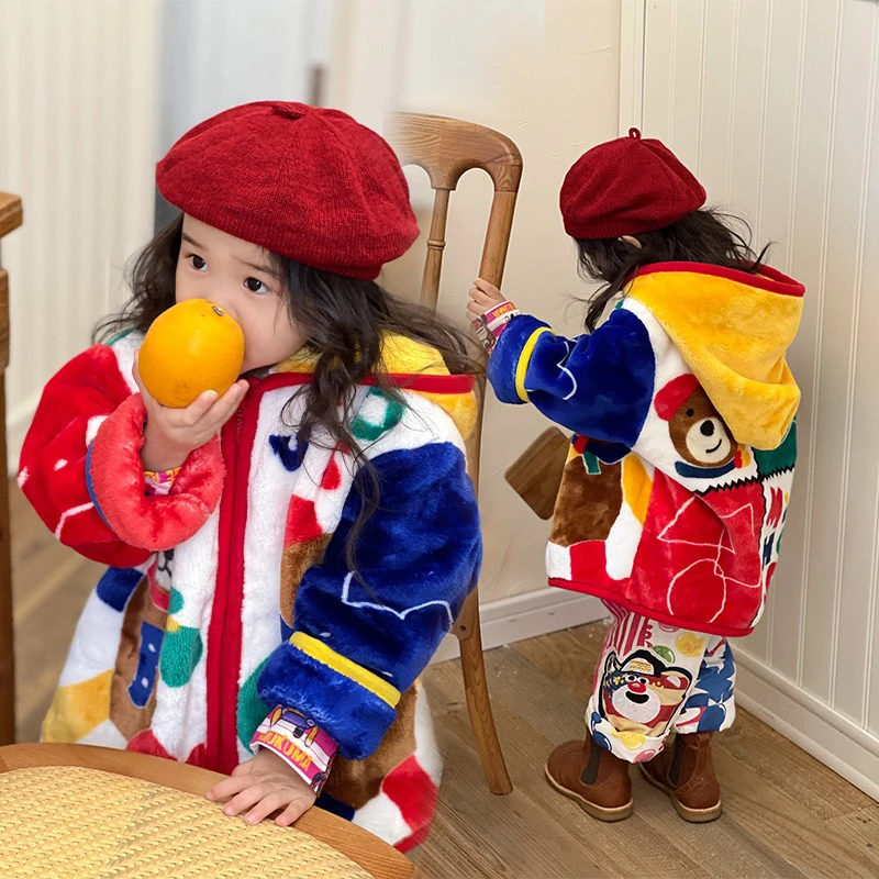 (现货)2023秋季MiKi撞色几何图形加绒外套加厚保暖小童儿童法兰绒