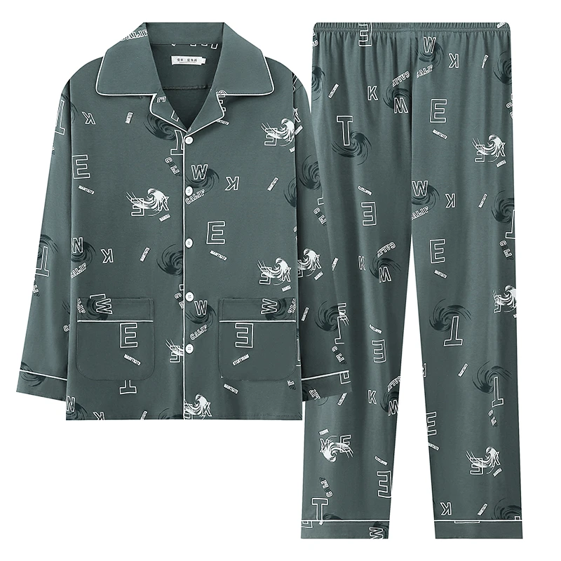 男士睡衣春秋夏季纯棉中老年人长袖大码宽松全棉薄款家居服套装