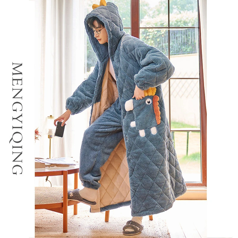 珊瑚绒三层夹棉男士睡衣冬季加厚加绒中长款睡袍加大码家居服新款