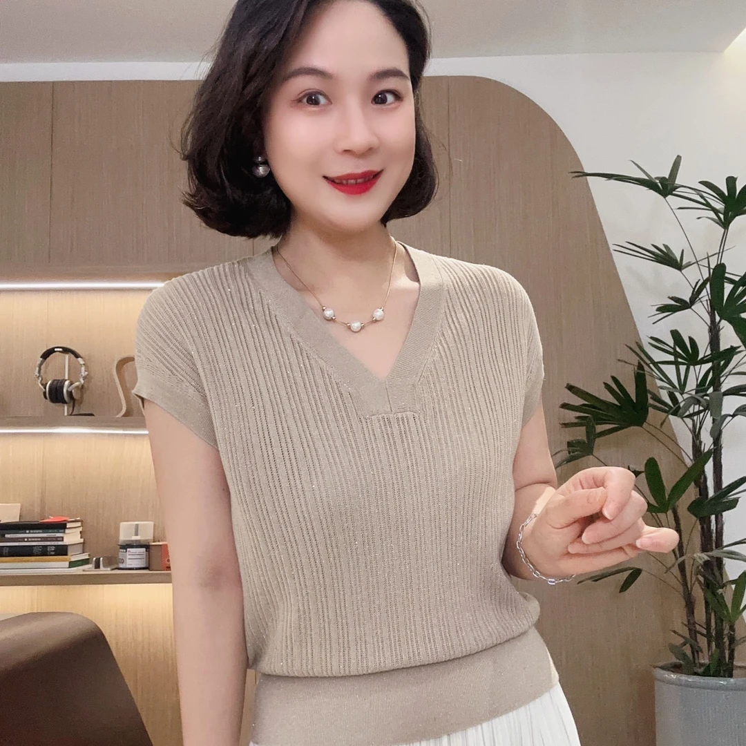 竖坑条V领套头针织衫夏季纯色宽松镂空百搭时尚#DQ2457