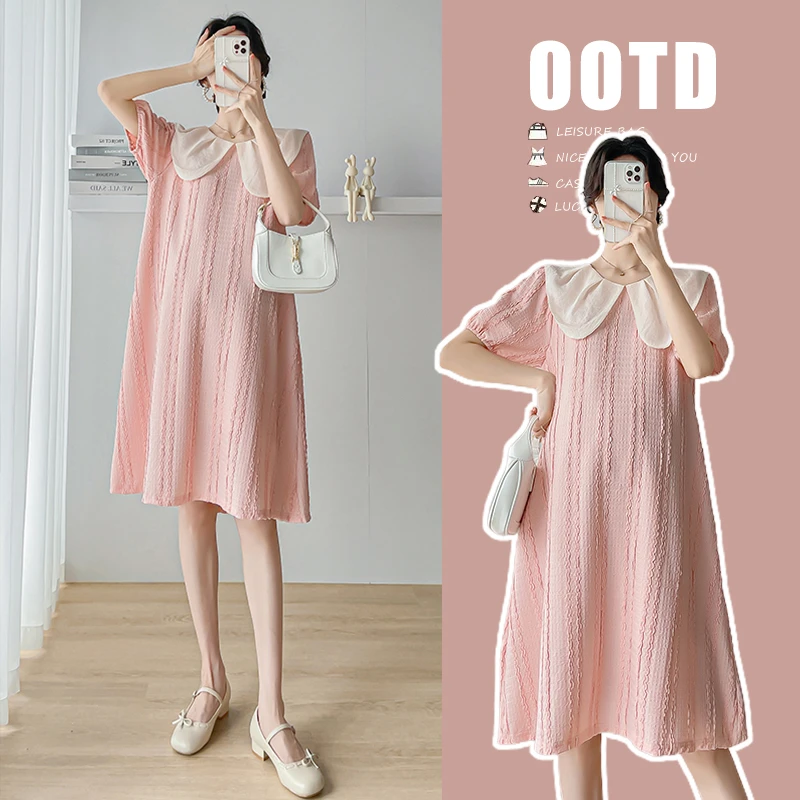 孕妇装夏装韩版孕妇裙甜美时尚娃娃领肌理感夏季减龄短袖连衣裙子