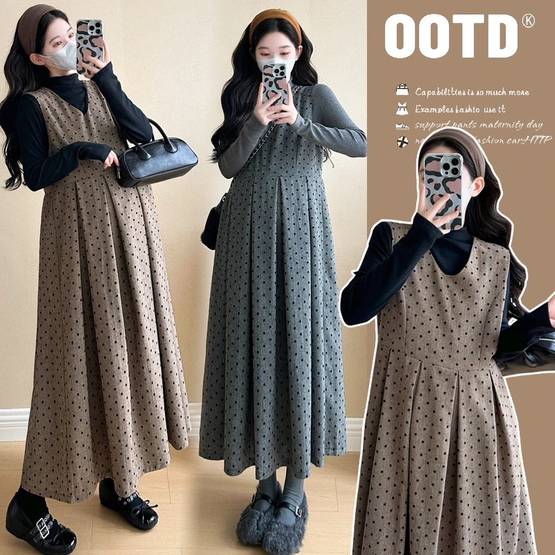 2024 秋冬新款气质波点背心裙+上衣孕妇套装两件套秋冬显瘦长袖