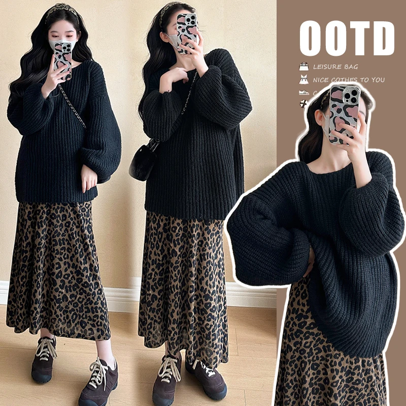 2024秋冬慵懒风毛衣+豹纹半身裙两件套孕妇装宽松针织显瘦韩版