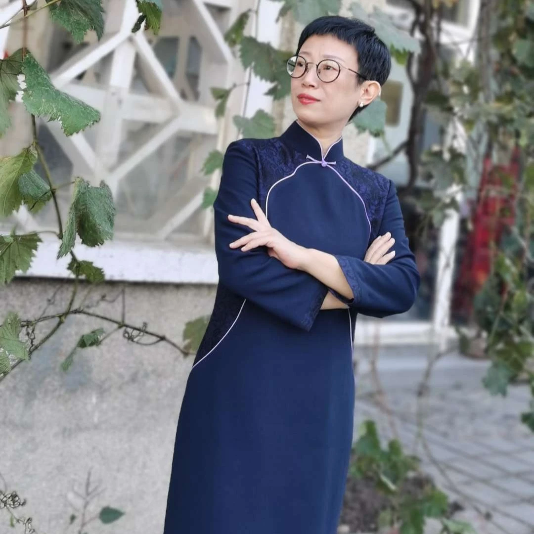 灵犀纺秋冬新款拼接显瘦显气质蓝色高级中式日常款旗袍