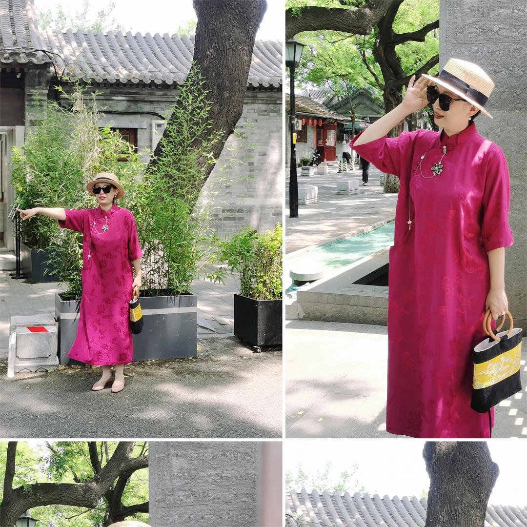 灵犀坊春夏秋三季可穿大开襟平肩玫红色宽松旗袍