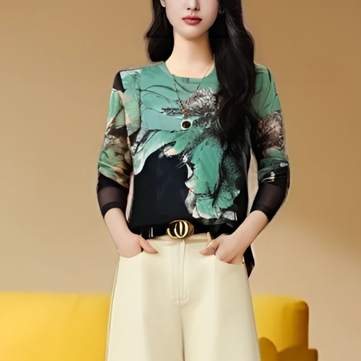 原版2024新款时尚长袖T恤显瘦气质圆领打底衫百搭减龄印花上衣女