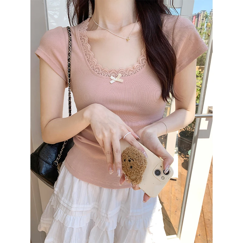 可可家 纯欲u领粉色花边蕾丝短袖T恤女夏季蝴蝶结内搭短款上衣