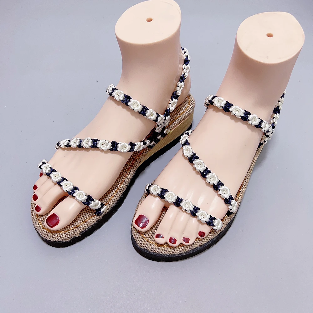 <十里桃花成品鞋>纯手工编织凉鞋女夏季新款时尚亚麻坡跟防滑拖鞋