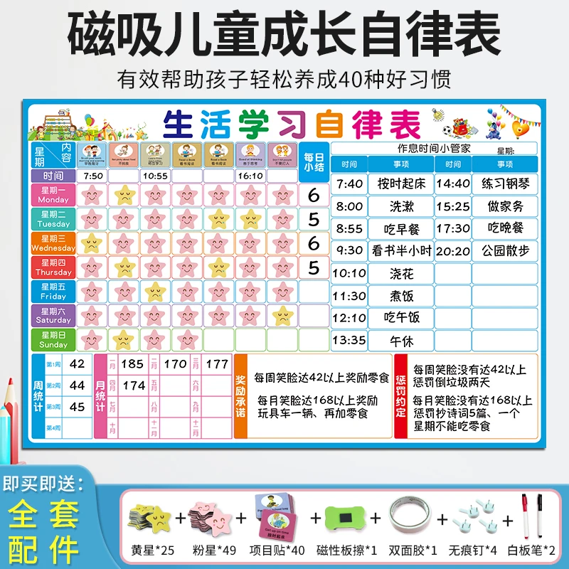 儿童成长自律表积分记录打卡生活学习计划表习惯养成奖罚磁性墙贴