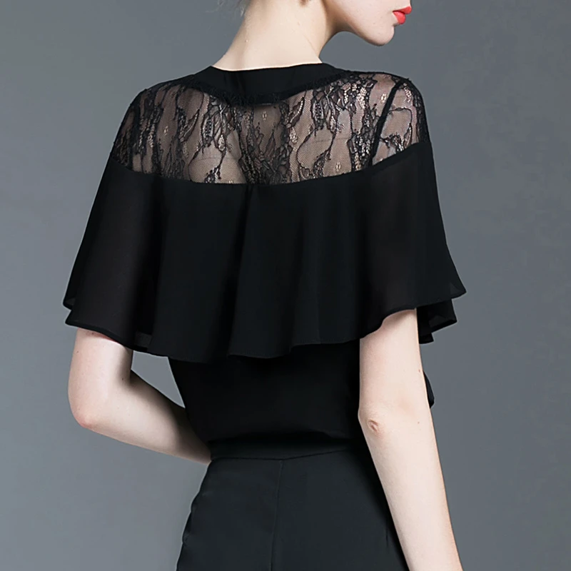OHJQ/欧韩街区荷叶边雪纺衫女夏显瘦t恤女黑色气质高级感蕾丝上衣