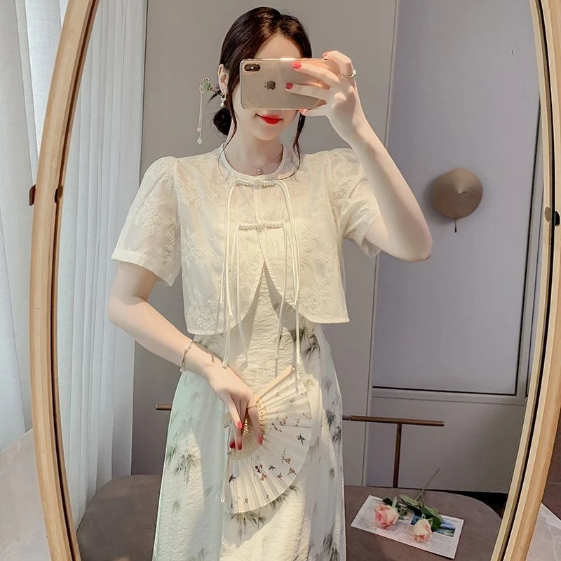 新中式国风短袖衬衫女夏季配吊带裙外搭防晒披肩外套盘扣短款上衣