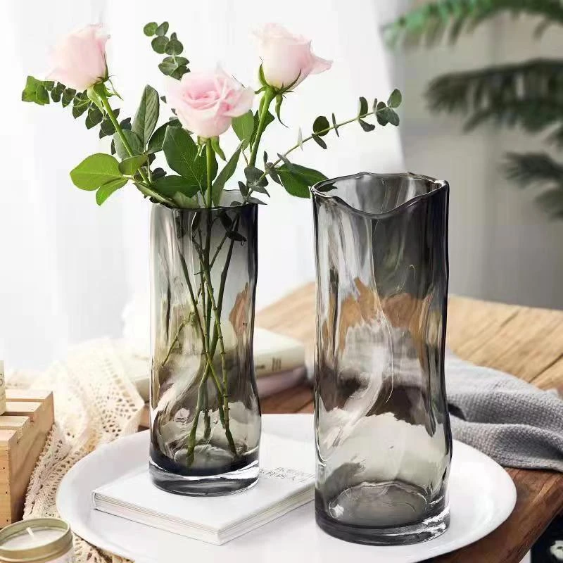 插花简约创意褶皱直筒玻璃花瓶水养百合玫瑰富贵竹艺术花瓶摆件